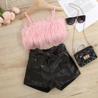 Baby Girl Suspender Furry Top And Solid Color Leather Shorts – Pink