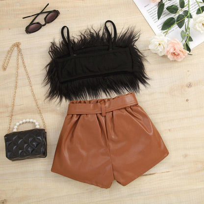 Baby Girl Suspender Furry Top And Solid Color Leather Shorts – Pink