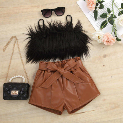 Baby Girl Suspender Furry Top And Solid Color Leather Shorts – Pink