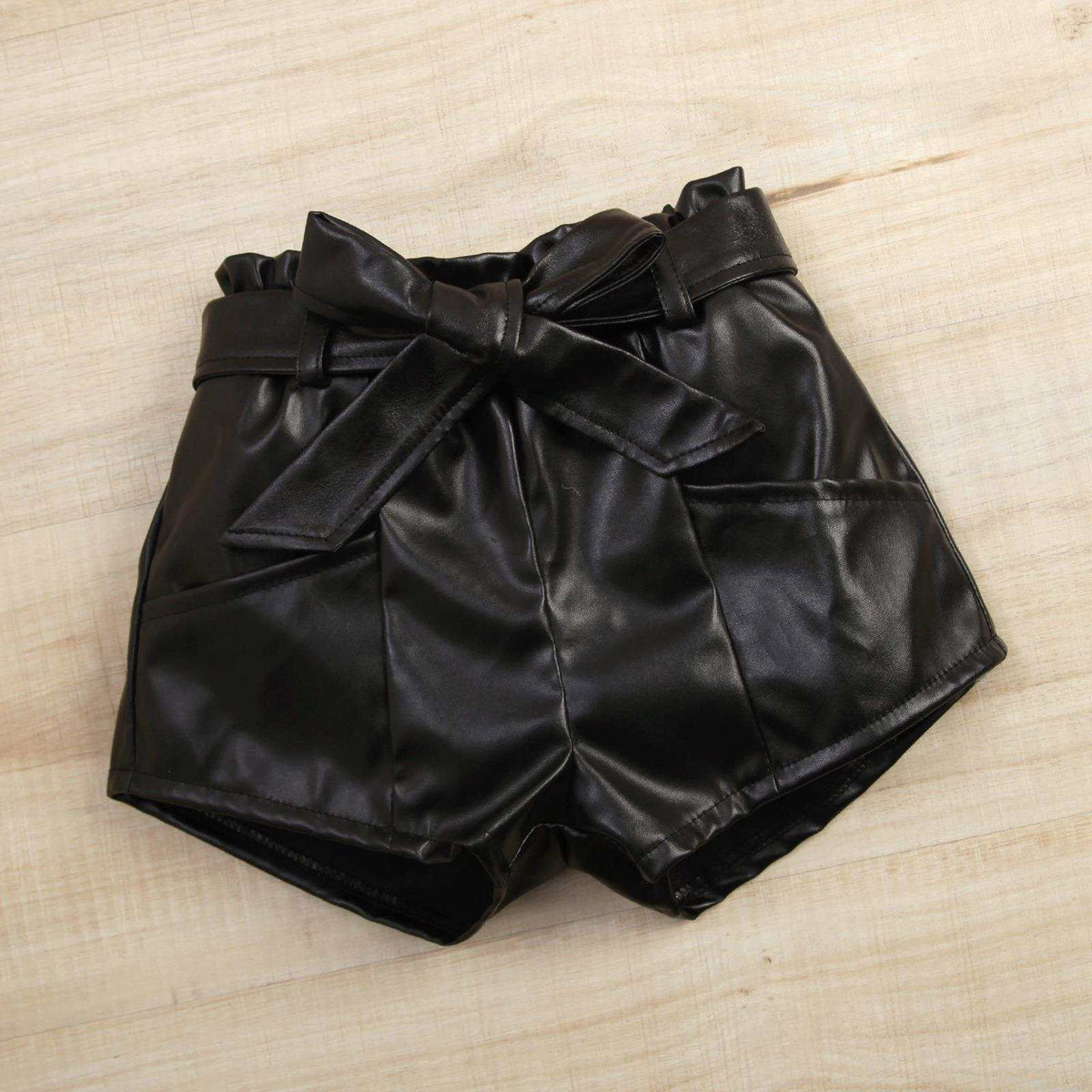 Baby Girl Suspender Furry Top And Solid Color Leather Shorts – Pink