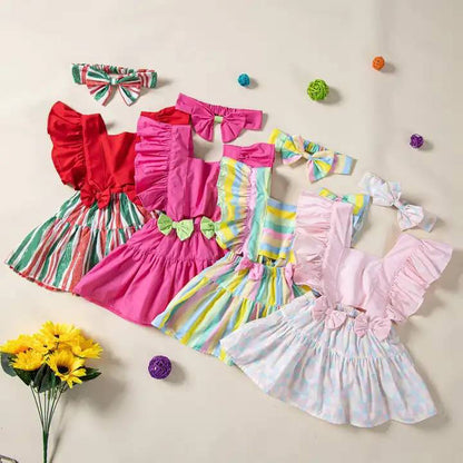 Baby Girl Dress Solid Striped Color With Ruffles Sleeves – Pink