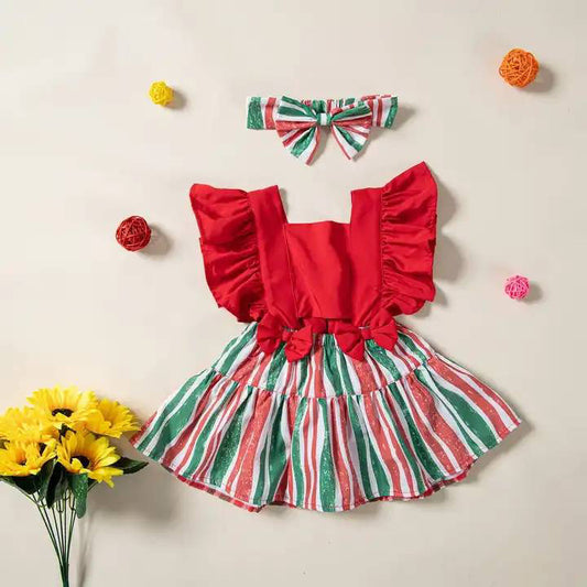 Baby Girl Dress Solid Striped Color With Ruffles Sleeves – Red