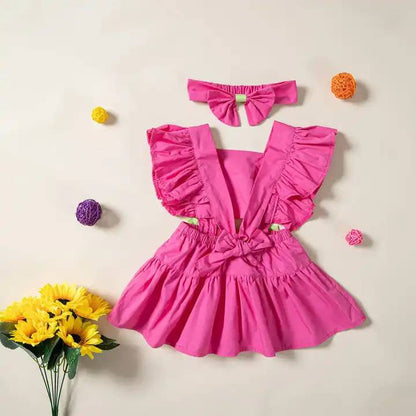 Baby Girl Dress Solid Striped Color With Ruffles Sleeves – Pink