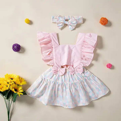 Baby Girl Dress Solid Striped Color With Ruffles Sleeves – Pink