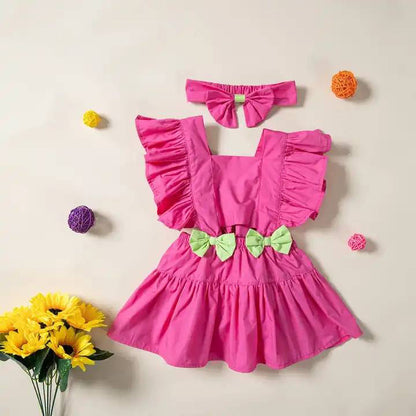 Baby Girl Dress Solid Striped Color With Ruffles Sleeves – Pink