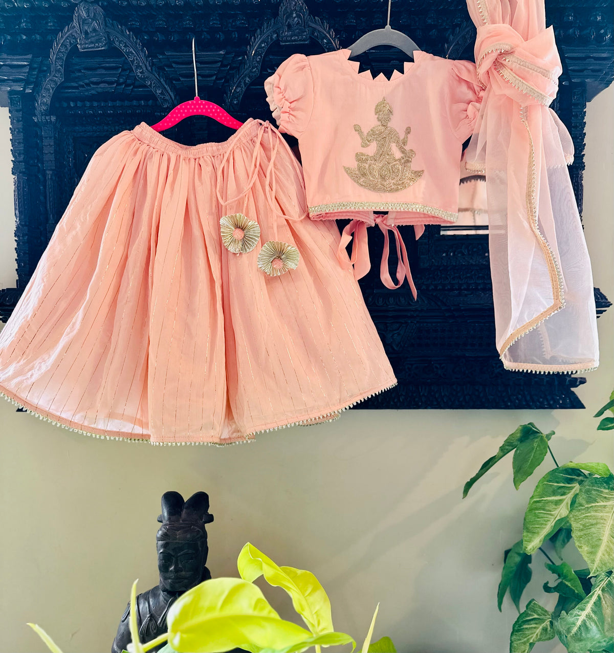 Kamala Devi Embroidered Lehenga Set for Girls - Peach