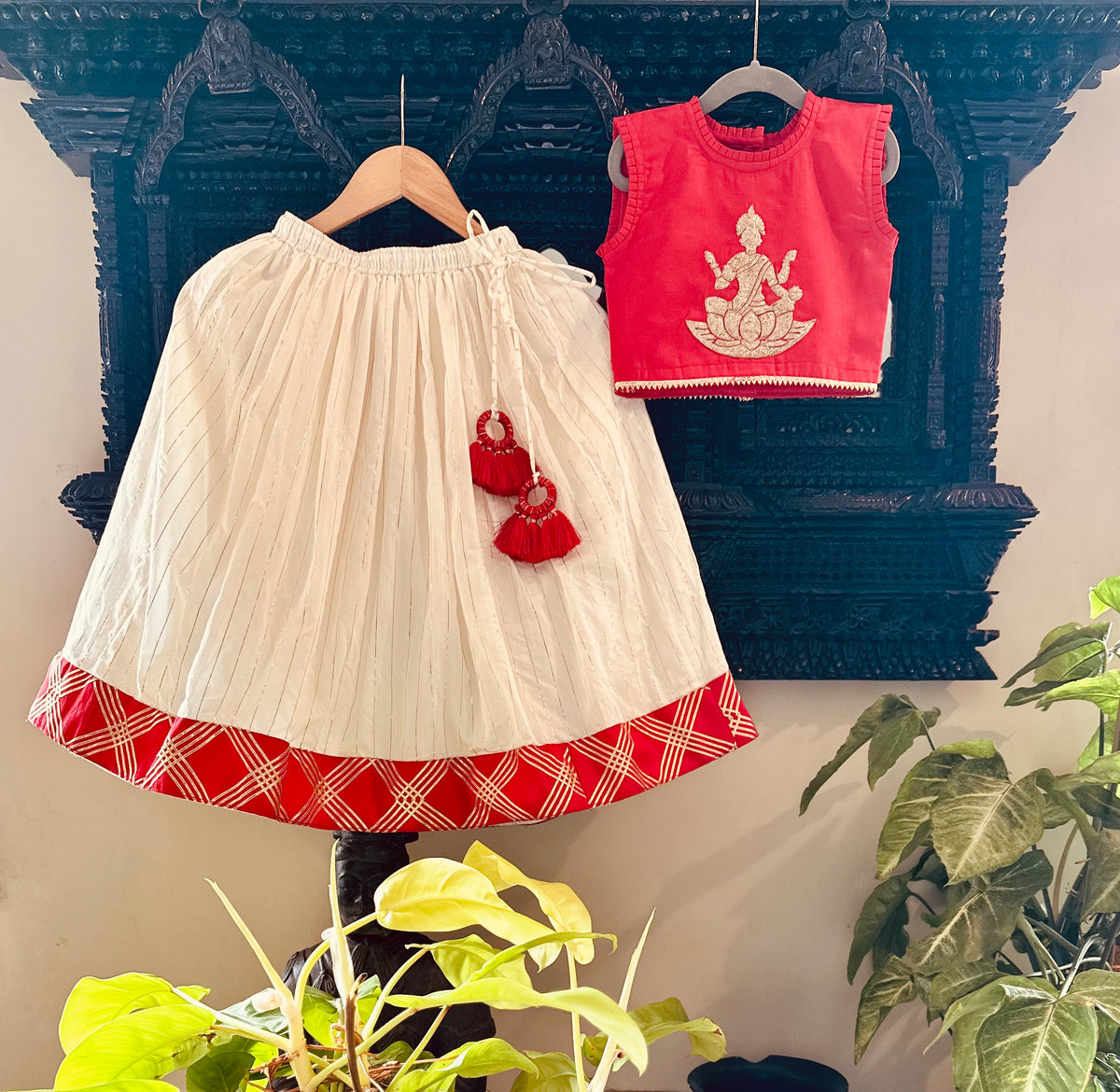 Kamala Devi Embroidered Lehenga Set for Girls - Red & White