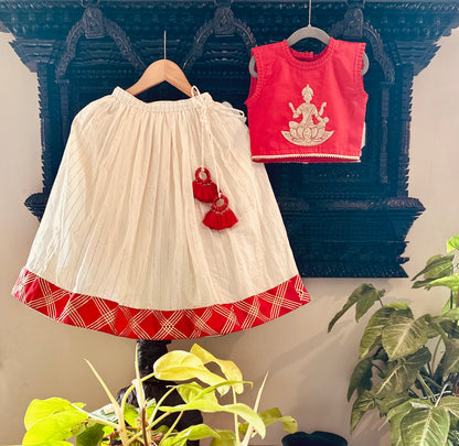 Kamala Devi Embroidered Lehenga Set for Girls - Red & White