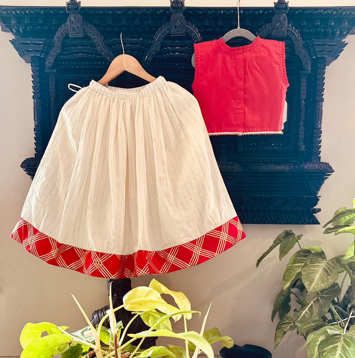 Kamala Devi Embroidered Lehenga Set for Girls - Red & White