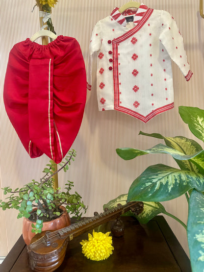 Laal Phool Dhakai Angarakha Kurta Set for Boys