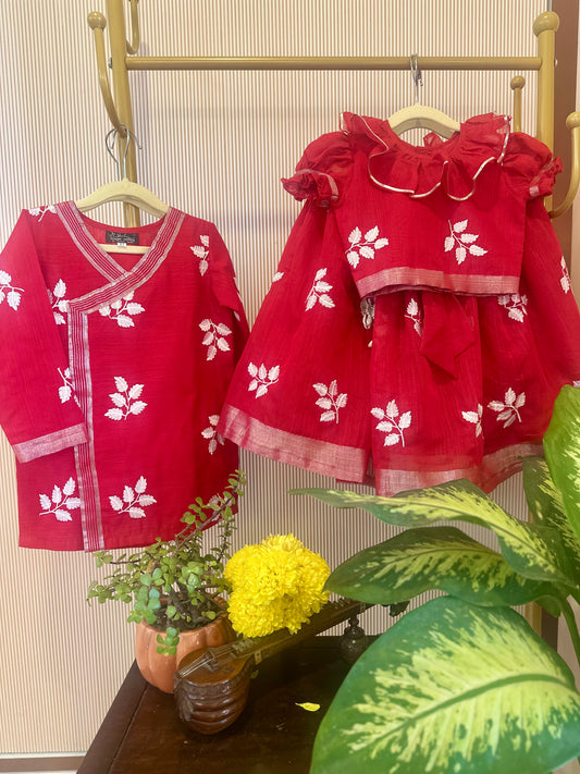 Crimson Leaf Embroidered Cotton Lehenga Set for Girls