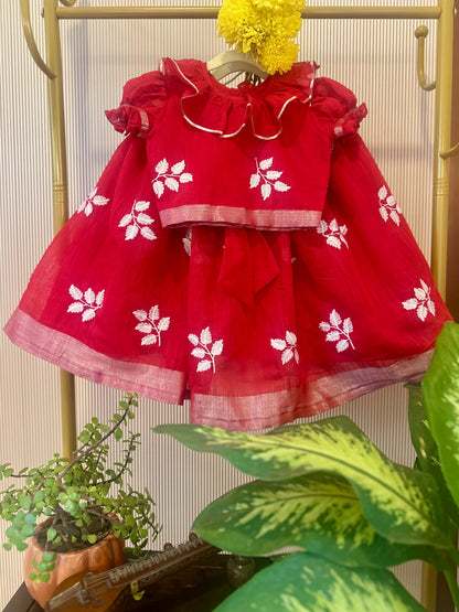 Crimson Leaf Embroidered Cotton Lehenga Set for Girls