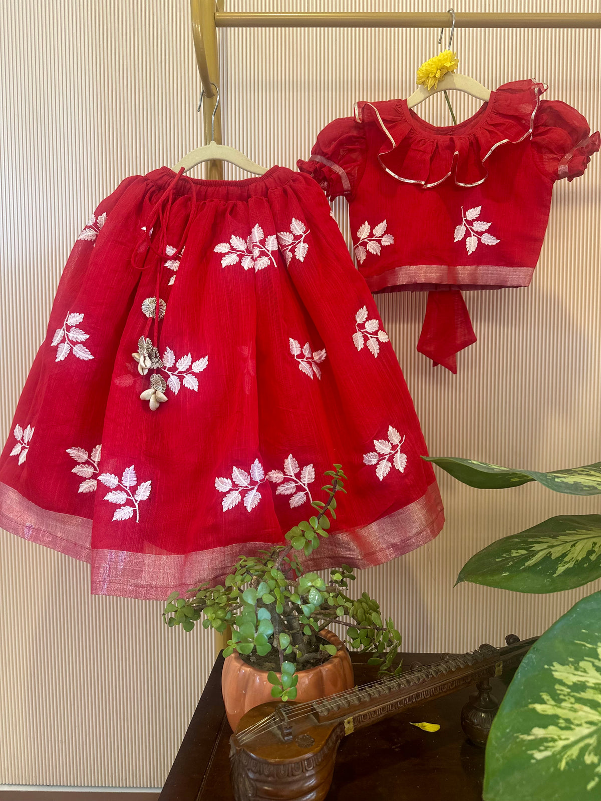 Crimson Leaf Embroidered Cotton Lehenga Set for Girls