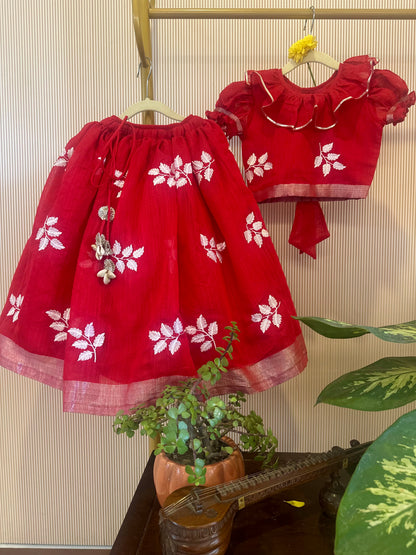 Crimson Leaf Embroidered Cotton Lehenga Set for Girls