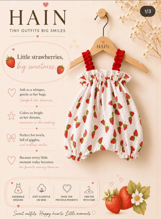 White & Red Strawberry Print Dress with Frilled Straps