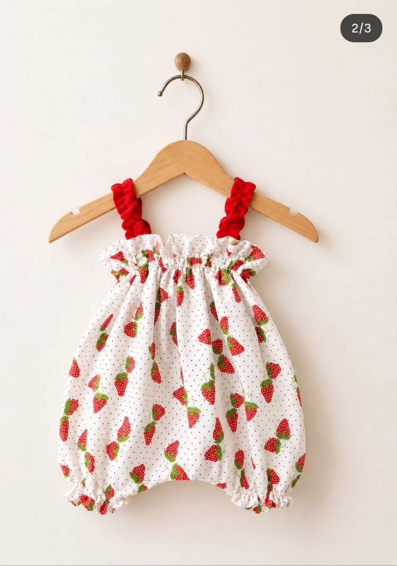 White & Red Strawberry Print Dress with Frilled Straps