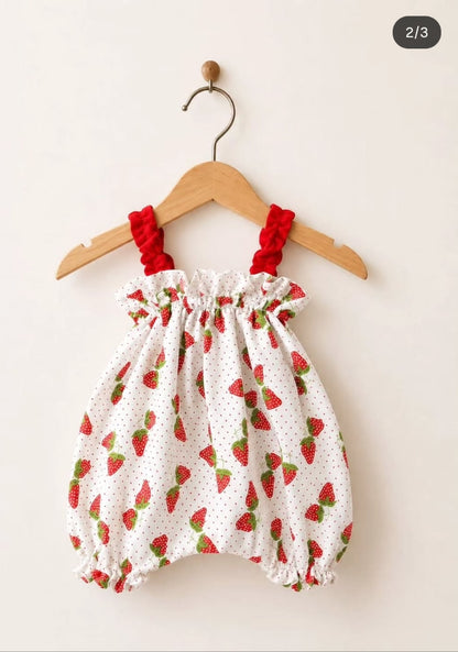 White & Red Strawberry Print Dress with Frilled Straps