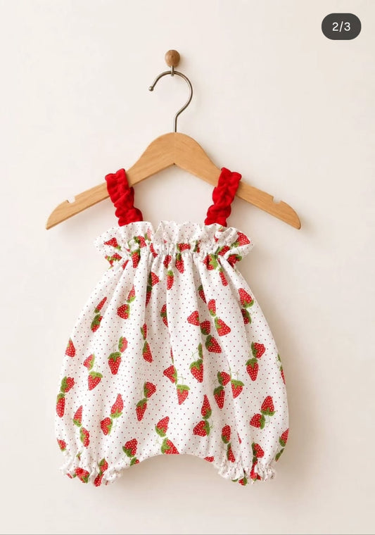 White & Red Strawberry Print Dress with Frilled Straps