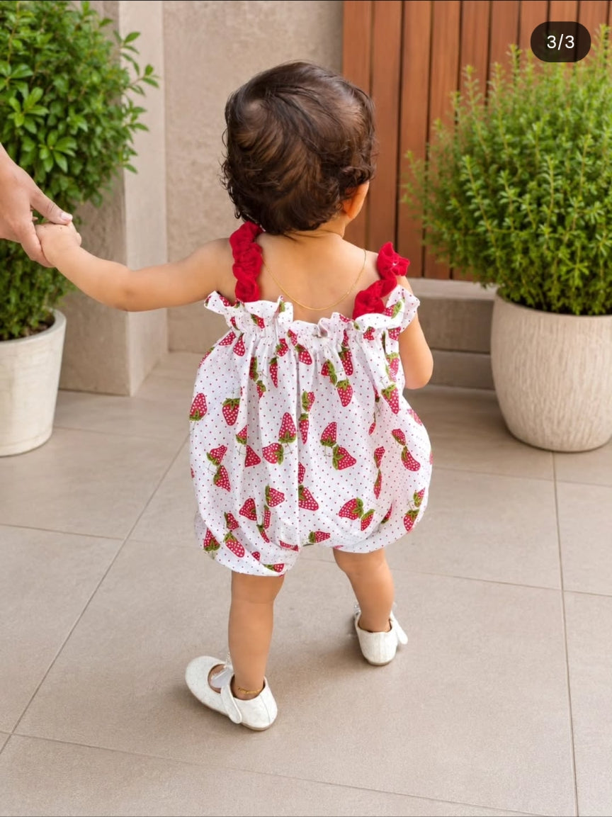 White & Red Strawberry Print Dress with Frilled Straps