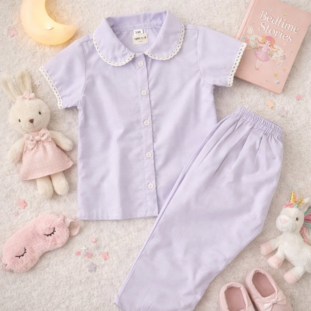 Lavender Cotton Co-ord Set with Lace Collar | Shirt & Pants Outfit