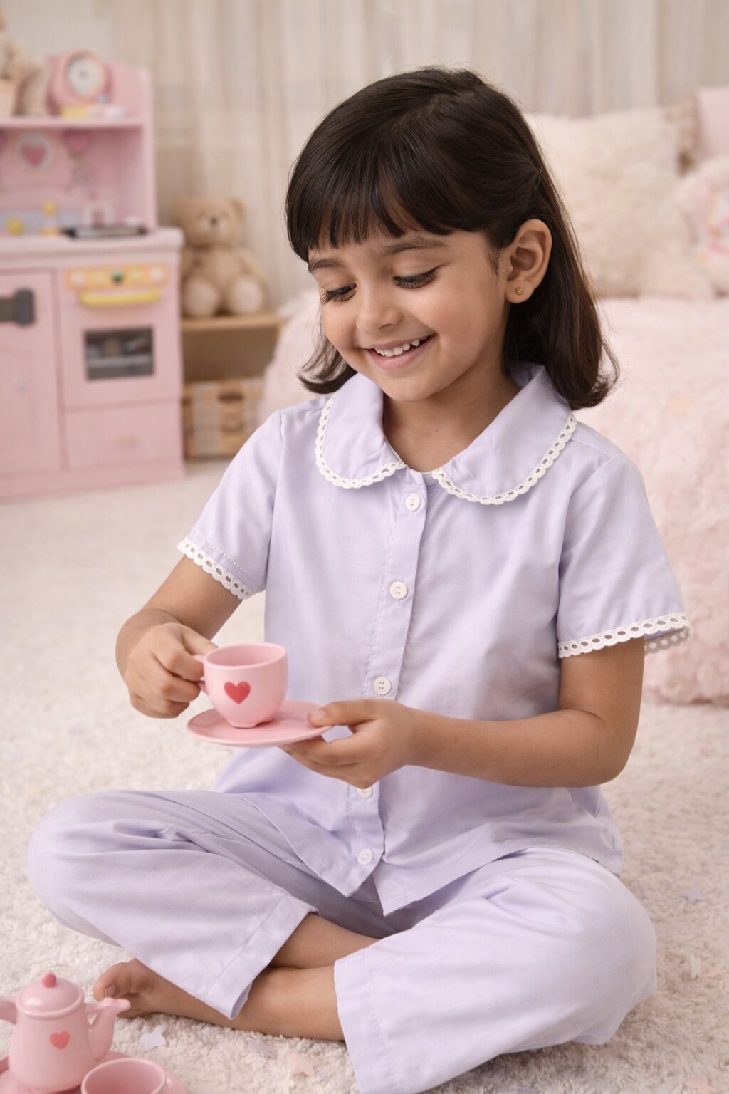 Lavender Cotton Co-ord Set with Lace Collar | Shirt & Pants Outfit