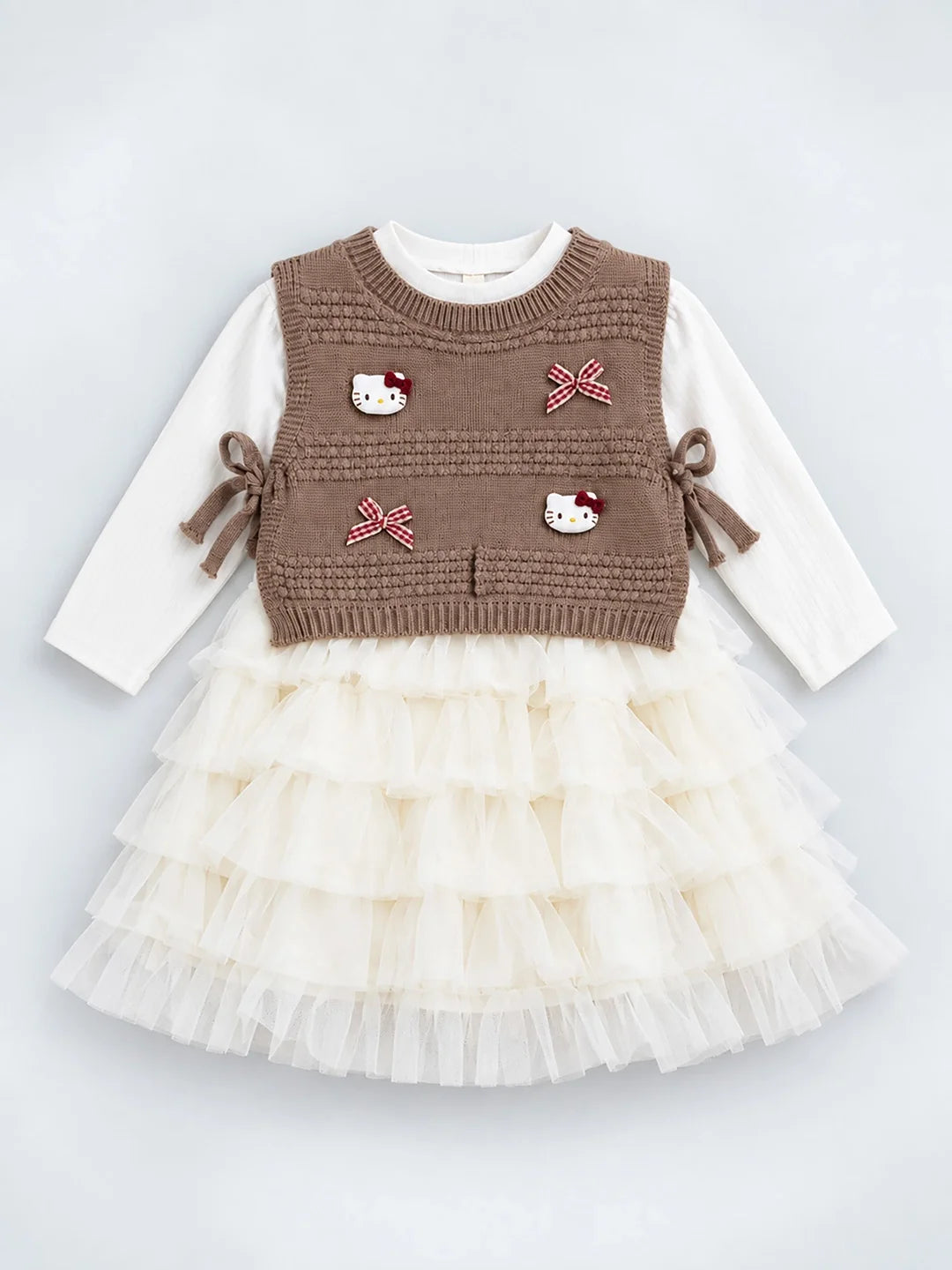 Brown Kitty Knitted Vest & White-Ivory Ruffle Frock Set
