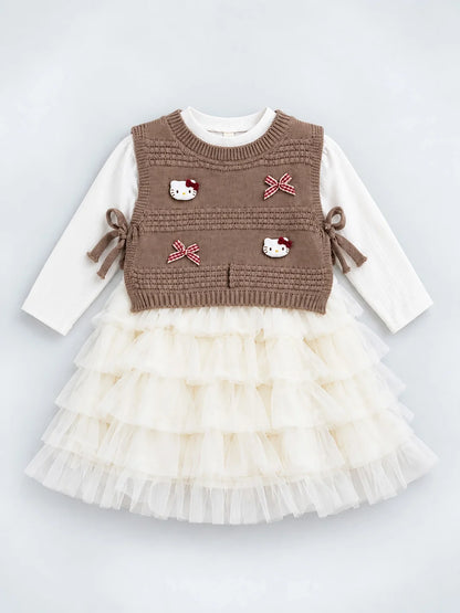 Brown Kitty Knitted Vest & White-Ivory Ruffle Frock Set