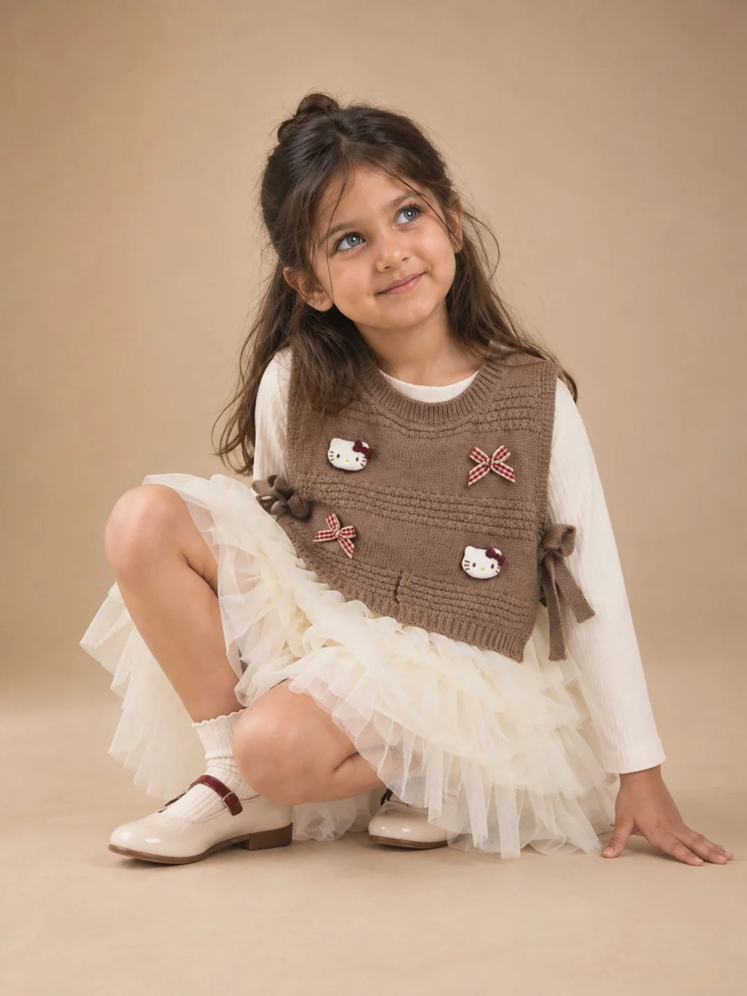 Brown Kitty Knitted Vest & White-Ivory Ruffle Frock Set