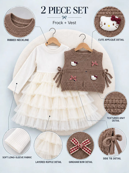 Brown Kitty Knitted Vest & White-Ivory Ruffle Frock Set