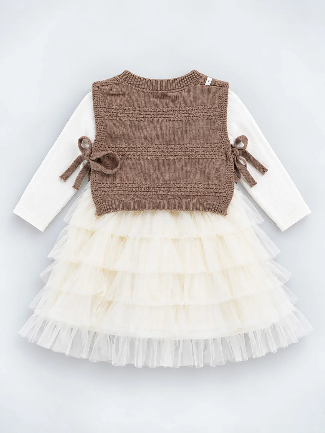 Brown Kitty Knitted Vest & White-Ivory Ruffle Frock Set