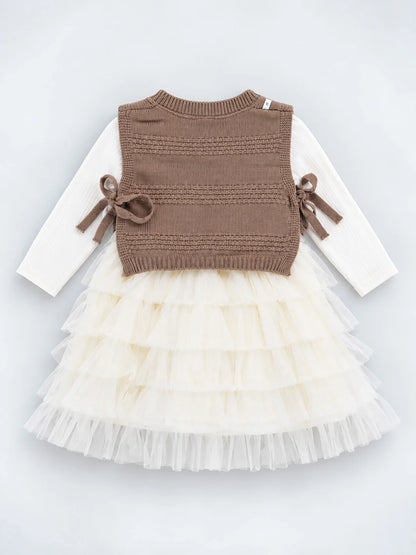 Brown Kitty Knitted Vest & White-Ivory Ruffle Frock Set