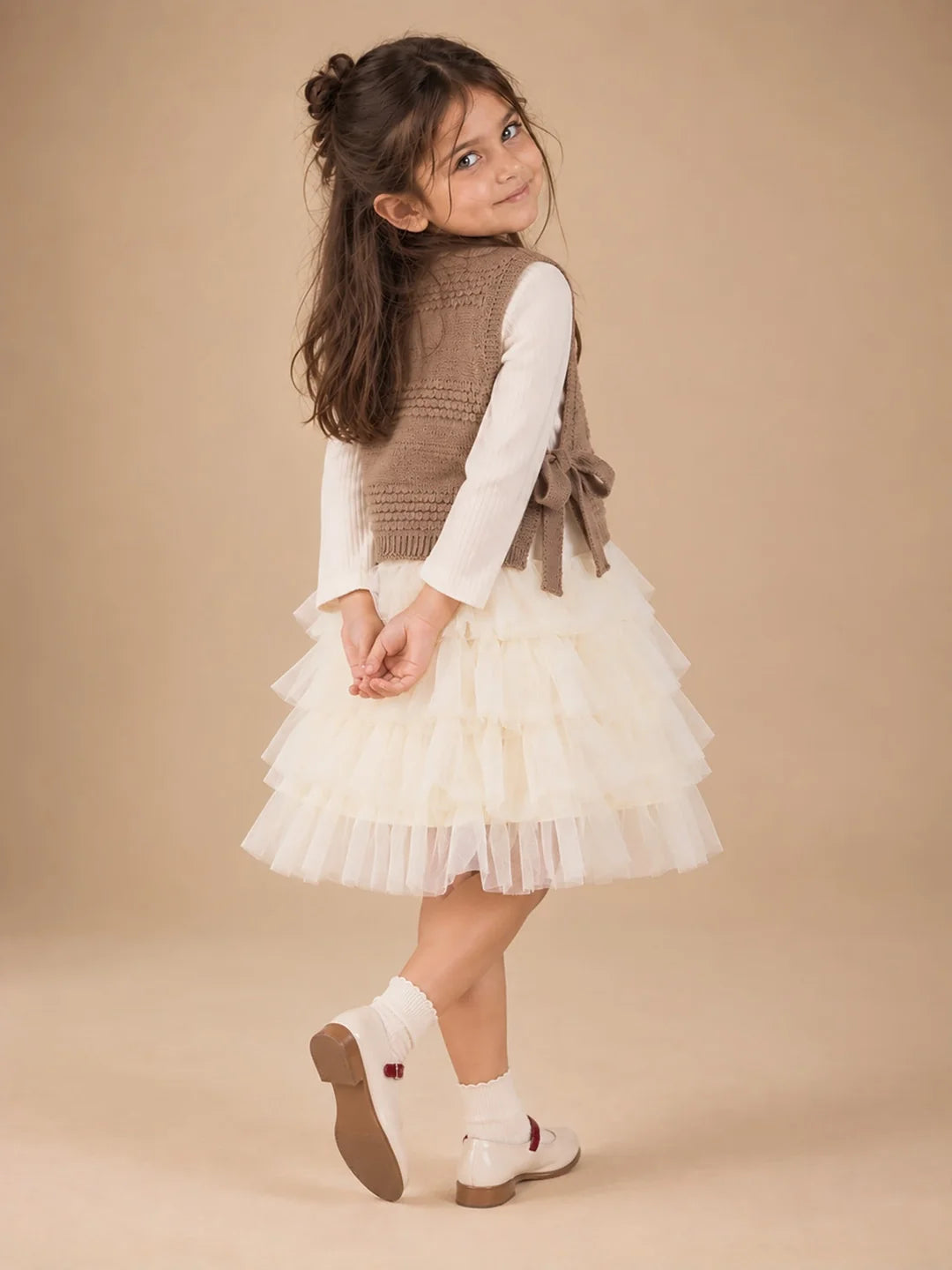 Brown Kitty Knitted Vest & White-Ivory Ruffle Frock Set