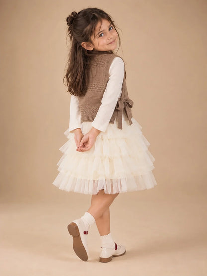 Brown Kitty Knitted Vest & White-Ivory Ruffle Frock Set