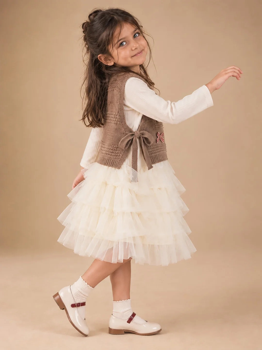 Brown Kitty Knitted Vest & White-Ivory Ruffle Frock Set