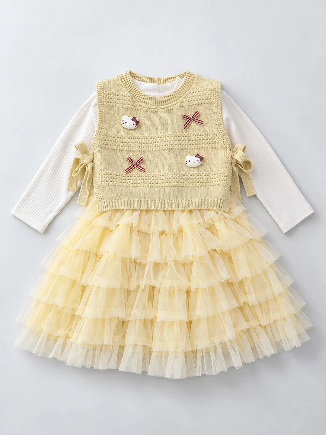 Light Green Kitty Knitted Vest & White-Yellow Ruffle Frock Set