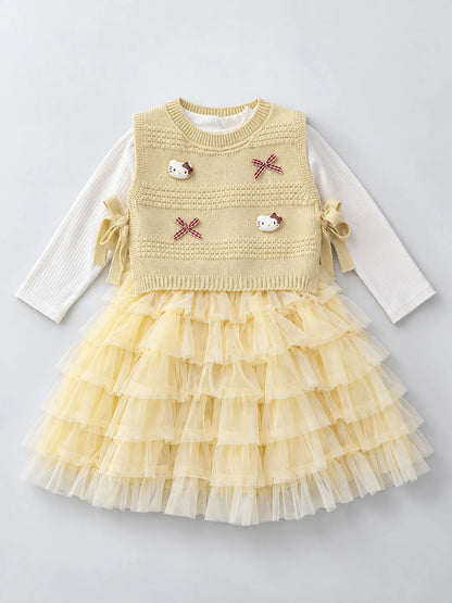 Light Green Kitty Knitted Vest & White-Yellow Ruffle Frock Set