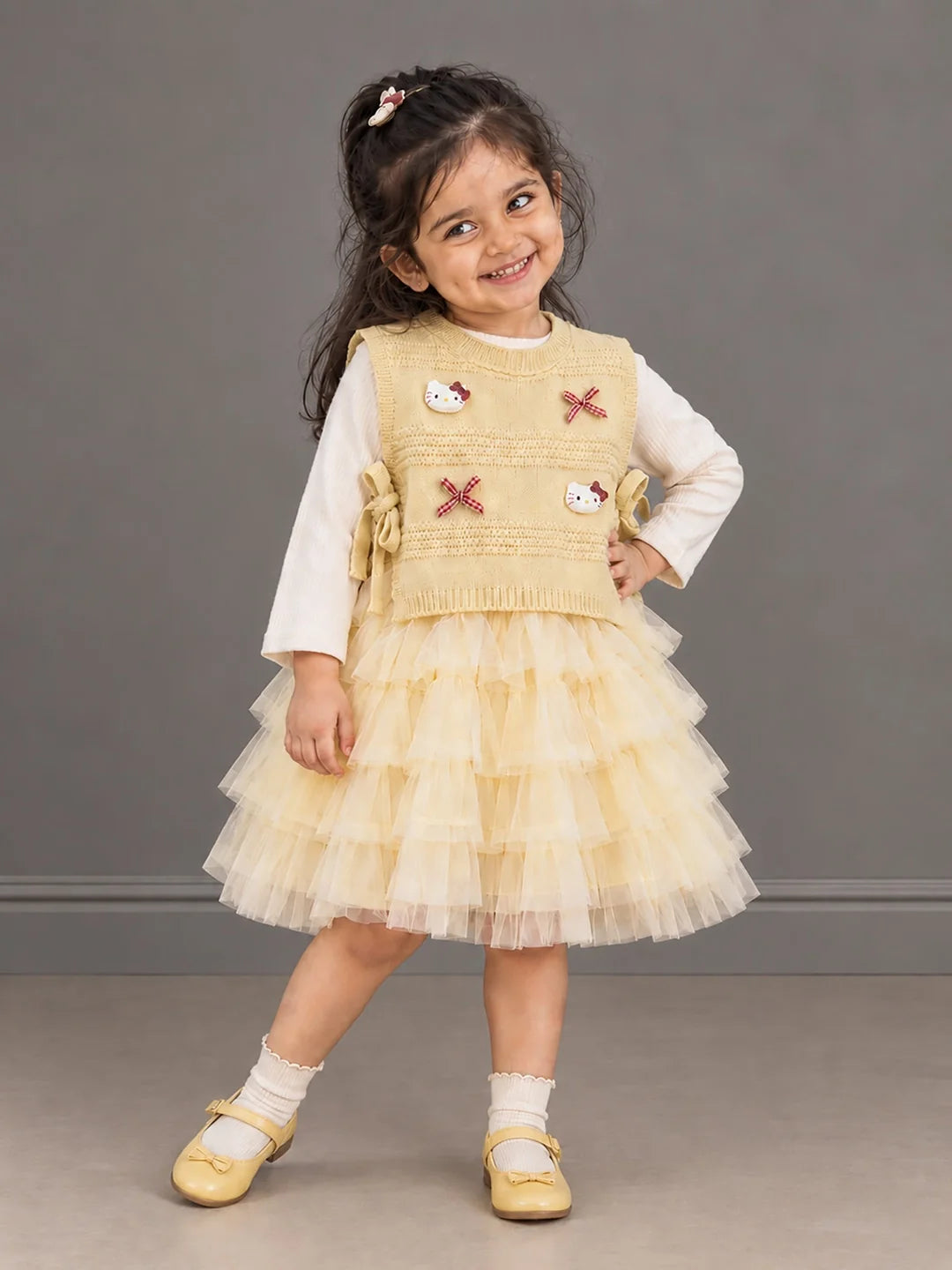 Light Green Kitty Knitted Vest & White-Yellow Ruffle Frock Set