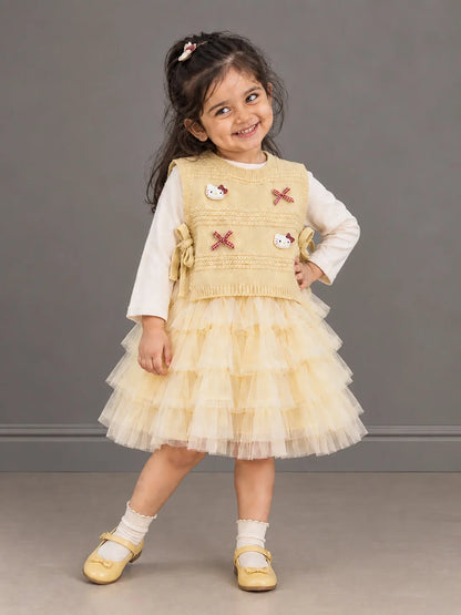 Light Green Kitty Knitted Vest & White-Yellow Ruffle Frock Set