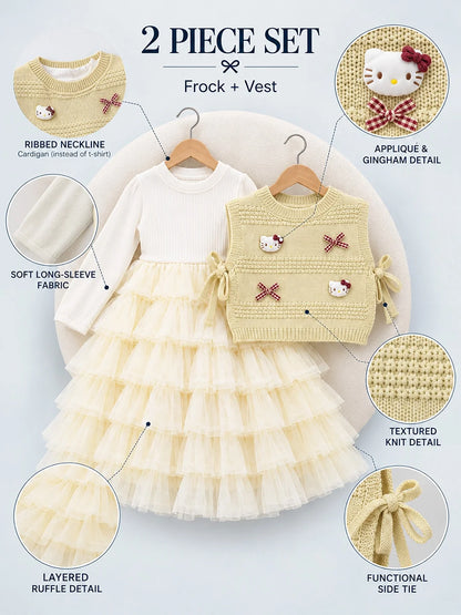 Light Green Kitty Knitted Vest & White-Yellow Ruffle Frock Set