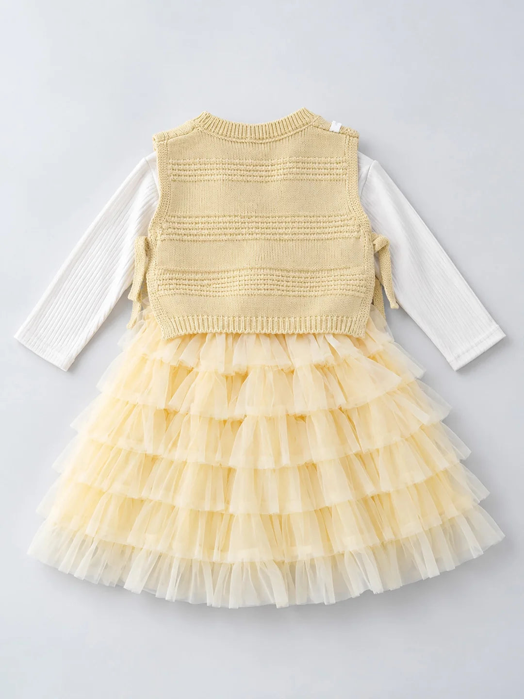 Light Green Kitty Knitted Vest & White-Yellow Ruffle Frock Set