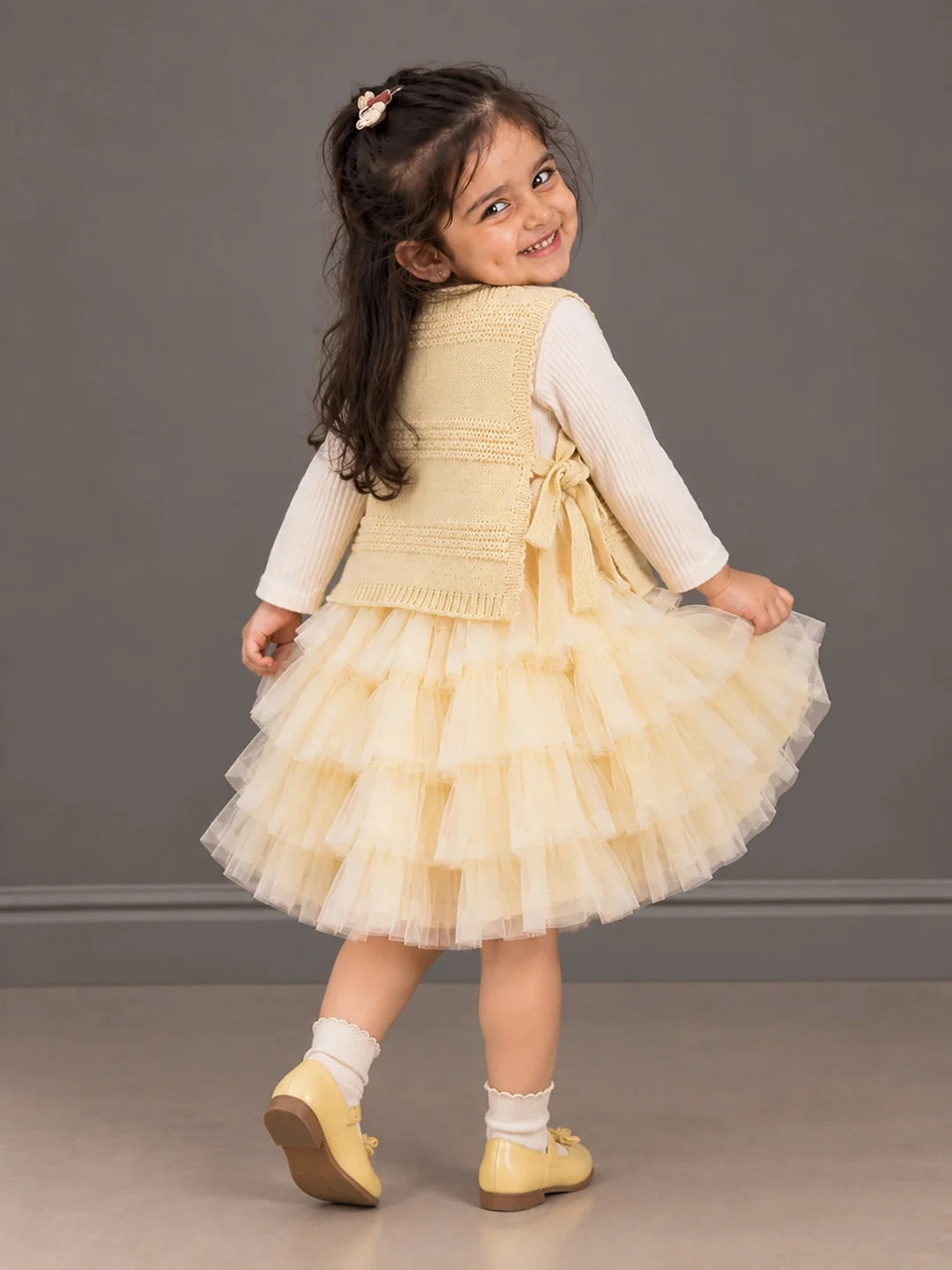 Light Green Kitty Knitted Vest & White-Yellow Ruffle Frock Set