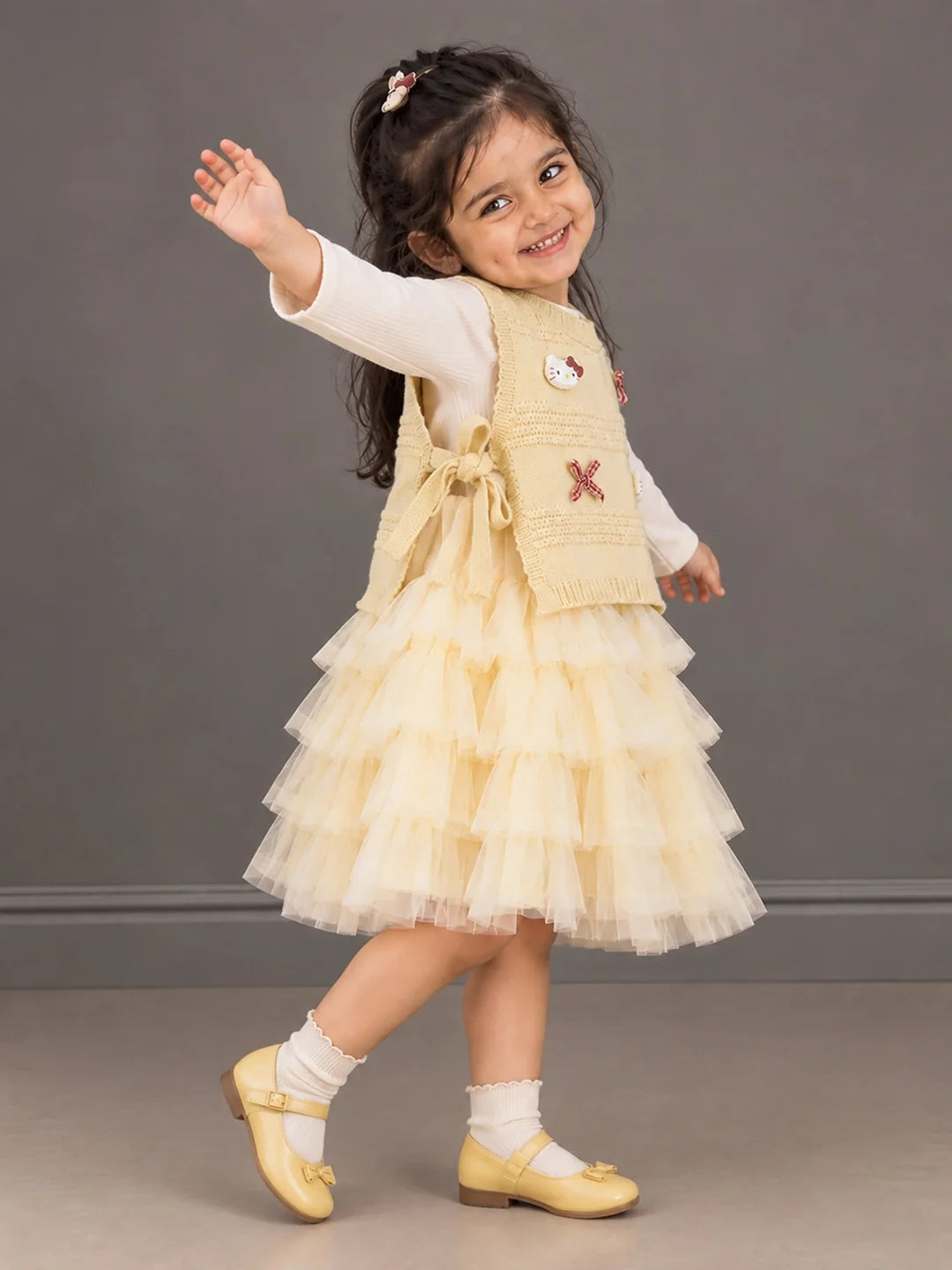 Light Green Kitty Knitted Vest & White-Yellow Ruffle Frock Set