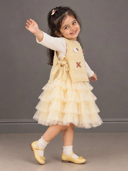 Light Green Kitty Knitted Vest & White-Yellow Ruffle Frock Set
