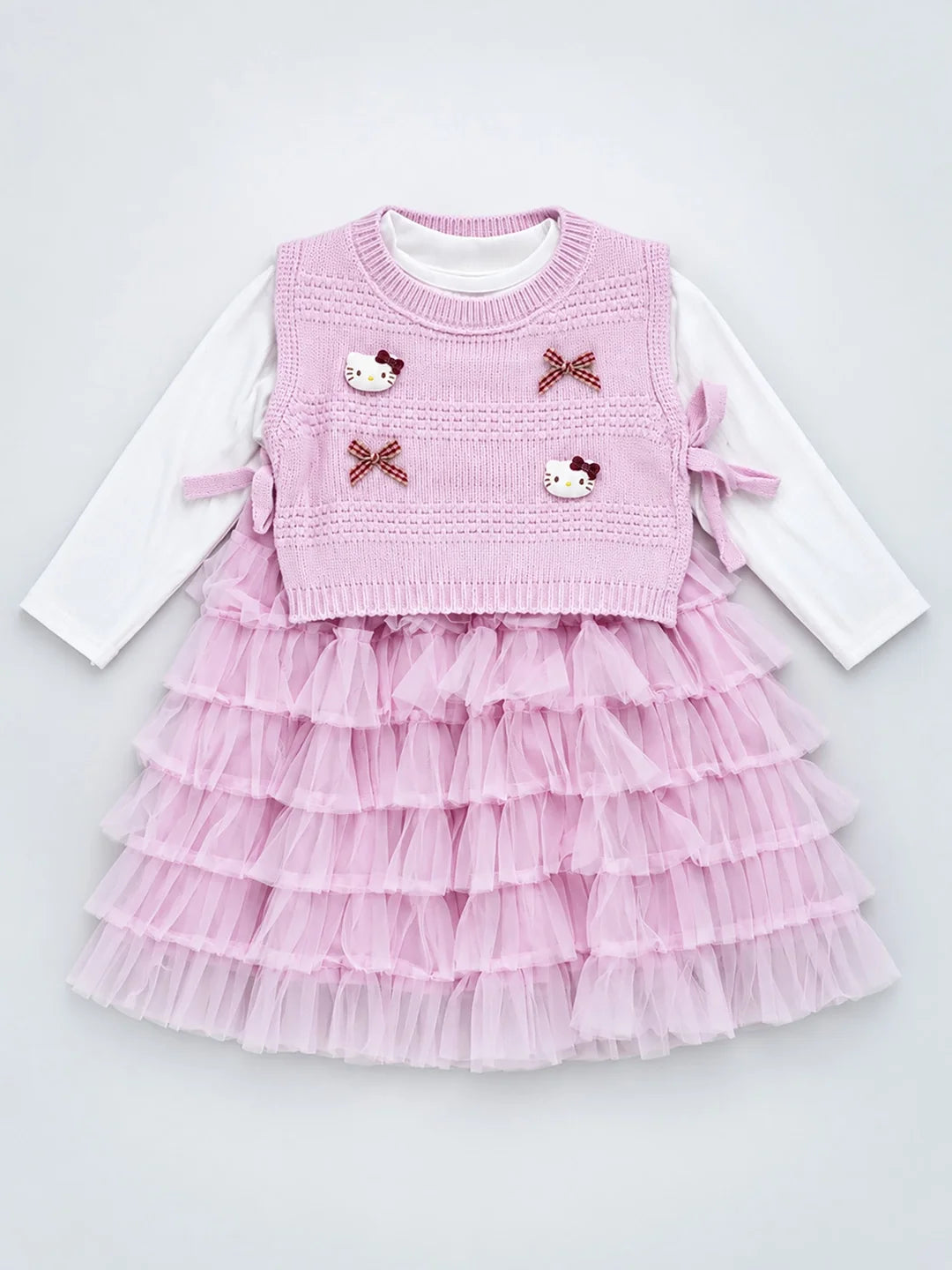 Pink Kitty Knitted Vest & White-Pink Ruffle Frock Set