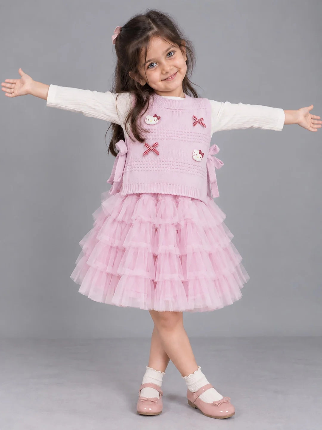 Pink Kitty Knitted Vest & White-Pink Ruffle Frock Set