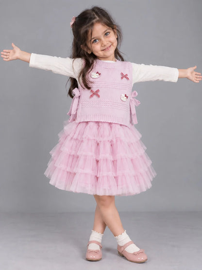 Pink Kitty Knitted Vest & White-Pink Ruffle Frock Set