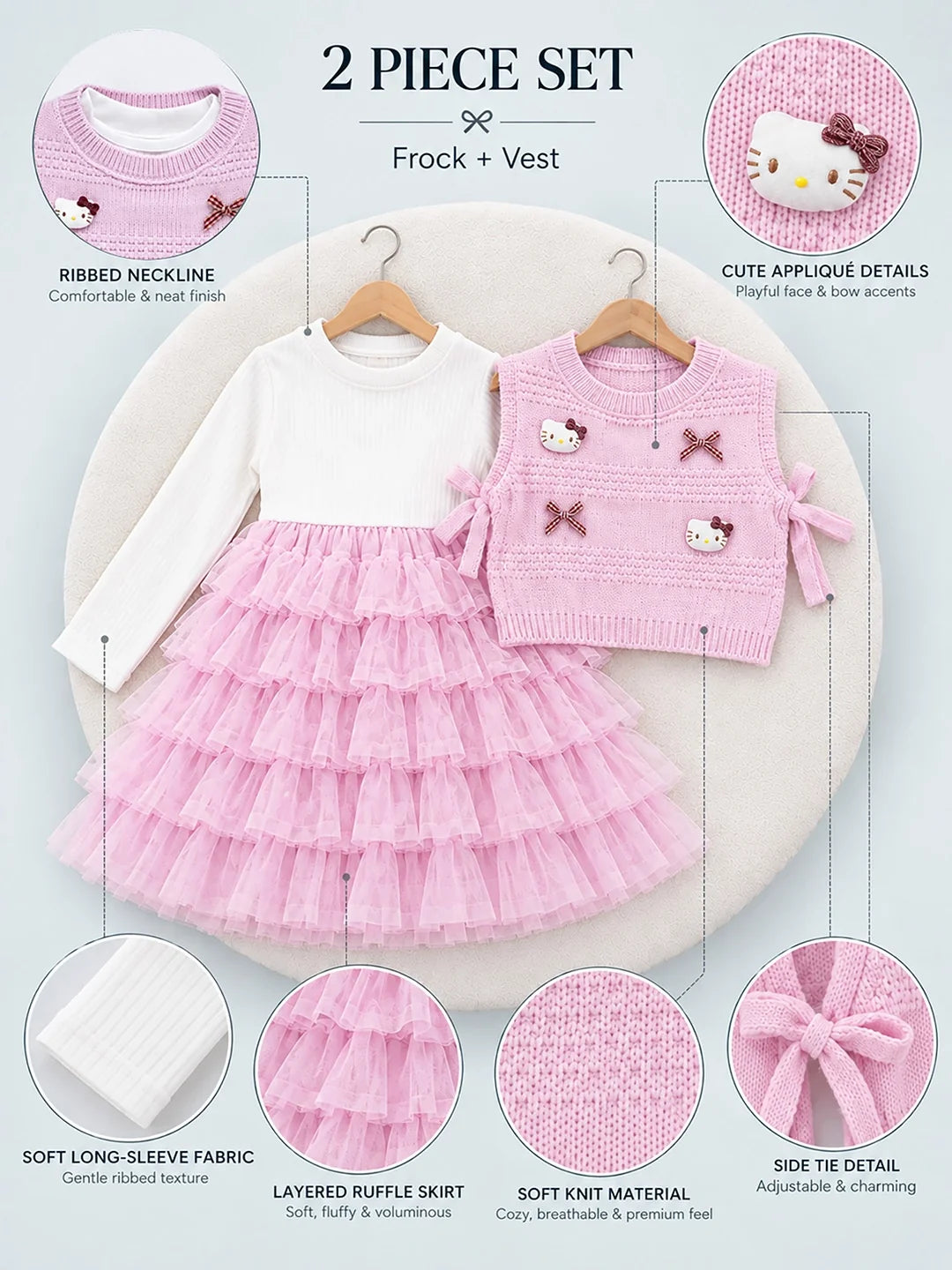 Pink Kitty Knitted Vest & White-Pink Ruffle Frock Set