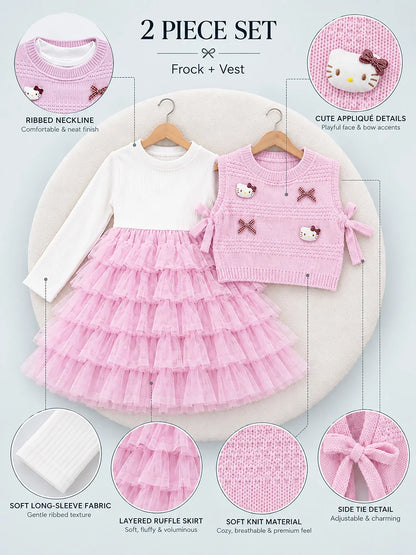 Pink Kitty Knitted Vest & White-Pink Ruffle Frock Set