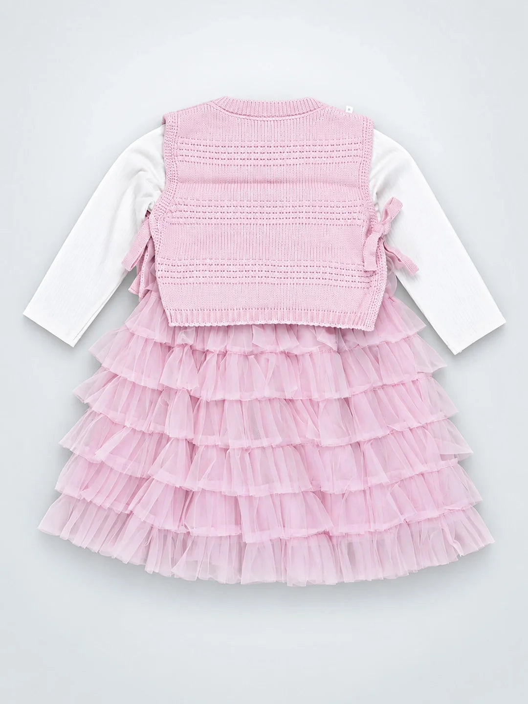 Pink Kitty Knitted Vest & White-Pink Ruffle Frock Set