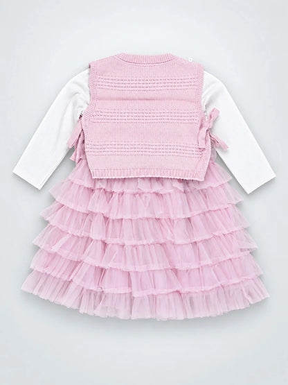 Pink Kitty Knitted Vest & White-Pink Ruffle Frock Set